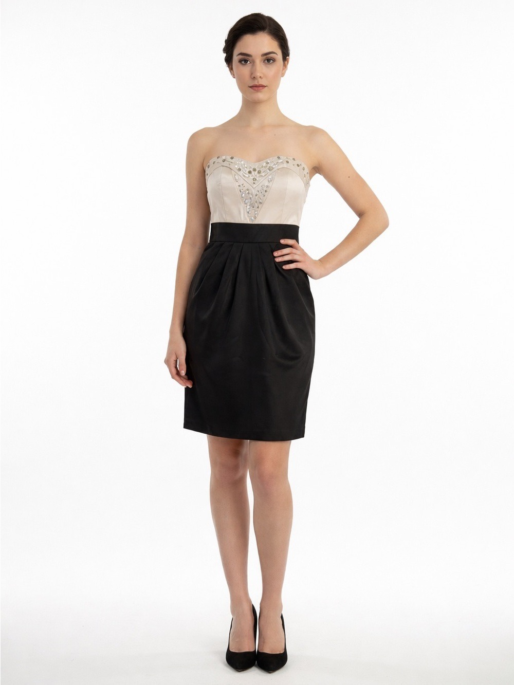 BCX Dress Sz 7 Champagne & Black Satin Rhinestone Embellished Strapless Cocktail